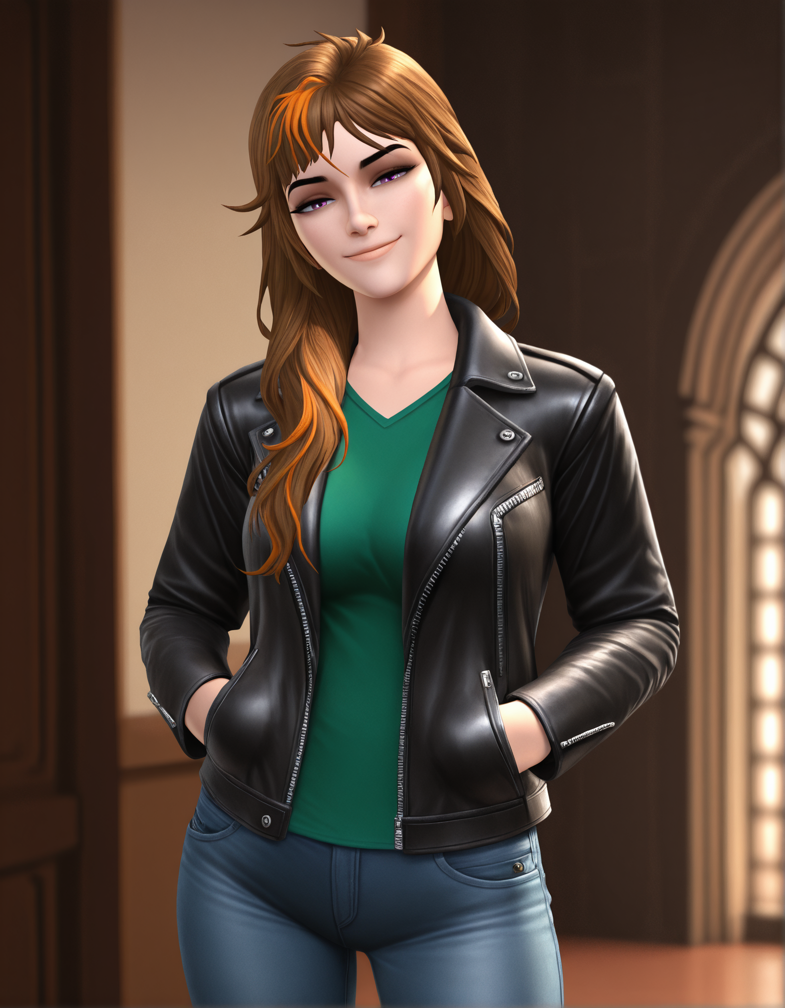1girl, merula, (realistic:0.9), (3d:0.6), alternate hairstyle, long hair, brown hair, hair over shoulder, purple eyes, cowboy shot, hands in pockets, green shirt, black leather jacket, jeans, looking at viewer, half-closed eyes, smile, blurry background, indoors, highly detailed, masterpiece, best quality, amazing quality, very aesthetic, absurdres