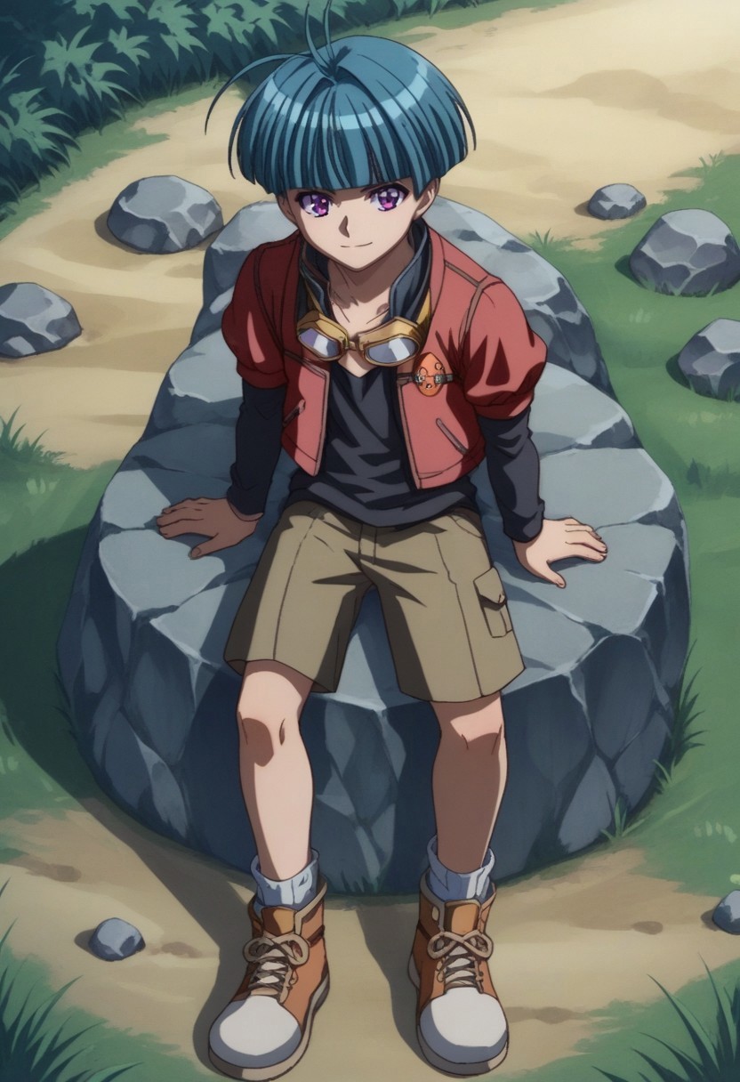 score_9, score_8_up, score_7_up, source_anime, highly detailed, 

elliott, solo, male focus, goggles, 1boy, shorts, ahoge, goggles around neck, blue hair, blunt bangs, smile, purple eyes, jacket, long sleeves, shoes, red jacket, black shirt, ankle boots, 

outdoor, rock, sit, frown,