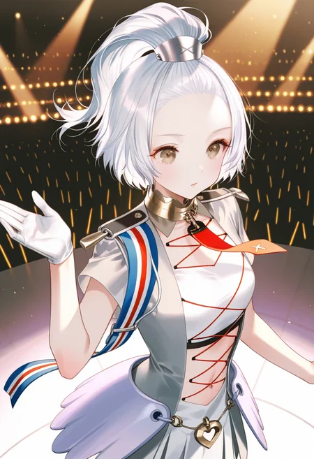 artist:gomzi,artist:wanke,artist:diyokama, rei_(sanbonzakura),[[artist:fuzichoco]],year 2023,
1girl, solo,
x \(caligula 2\), white hair, yellow eyes, crop top, high ponytail, forehead,
idol clothes, jewelry, navel, pendant, red ribbon, striped ribbon, white gloves,
concert, 
<lora:tce2-chi.ilxl:1>