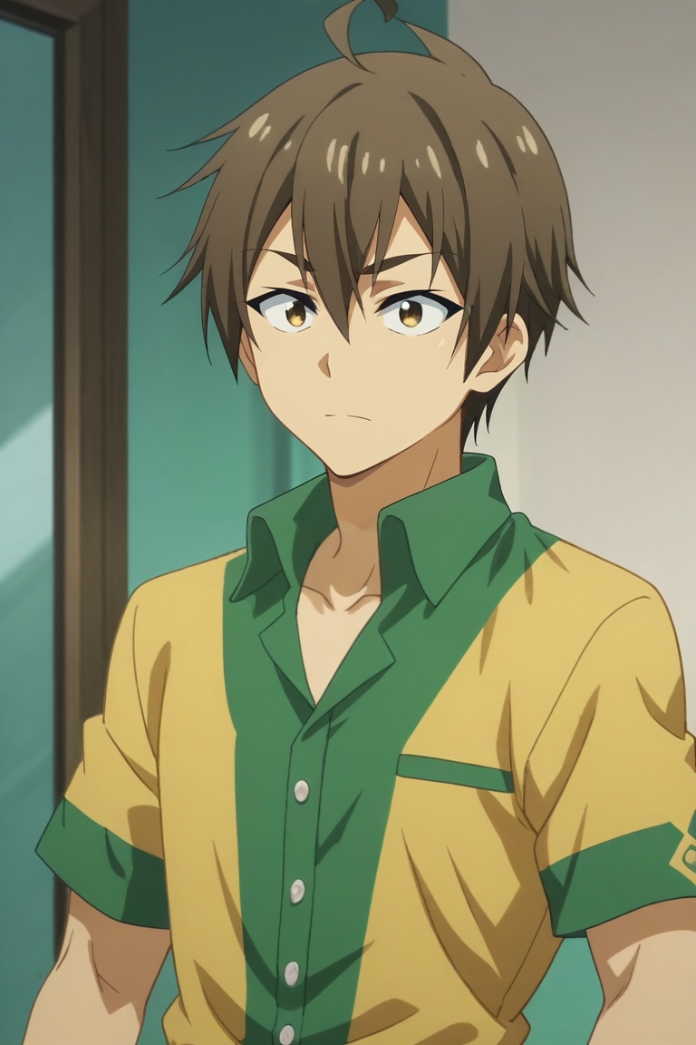 score_9, score_8_up, score_7_up, source_anime, rating_safe, , anime screencap, , official style, , , 1boy, solo, male focus, <lora:hideki_nishimura_pony:0.84>, hideki_nishimura, brown hair, brown eyes, short hair, hair between eyes, ahoge, , irish costume, <lora:sdxl_lightning_8step_lora:1>