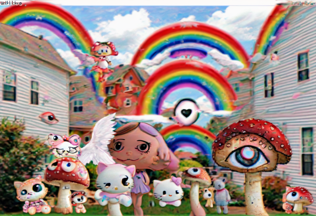 a collage image filled with y2k symbols, featuring a cartoon girl standing on a lawn surrounded by toys and typical suburban houses. Include eye-catching elements such as Hello Kitty, rainbows, red mushrooms with eyes, and angel-winged eyes, capturing the y2k nostalgia and weirdcore aesthetics <lora:y2kmadmix_db-v0.0.1-extract:1>
