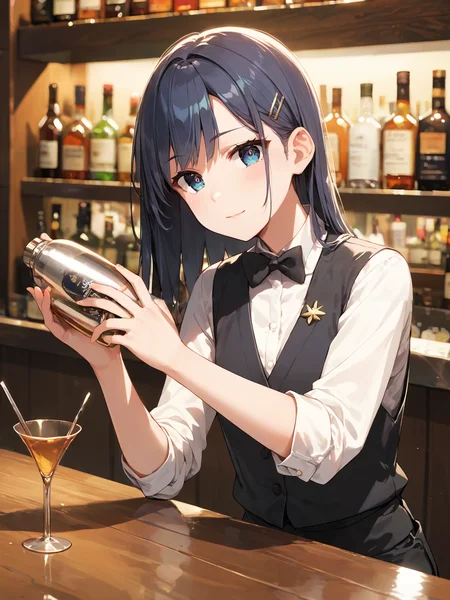 score_9, score_8_up, score_7_up,source_anime, high res image,masterpiece,best quality,girl,cute face,clear skin,shiny hair,ultra detailed eyes,simple background, <lora:bartender_pony_V1.0:1> bartender, shirt, bowtie, black vest, holding,bottle,shakes