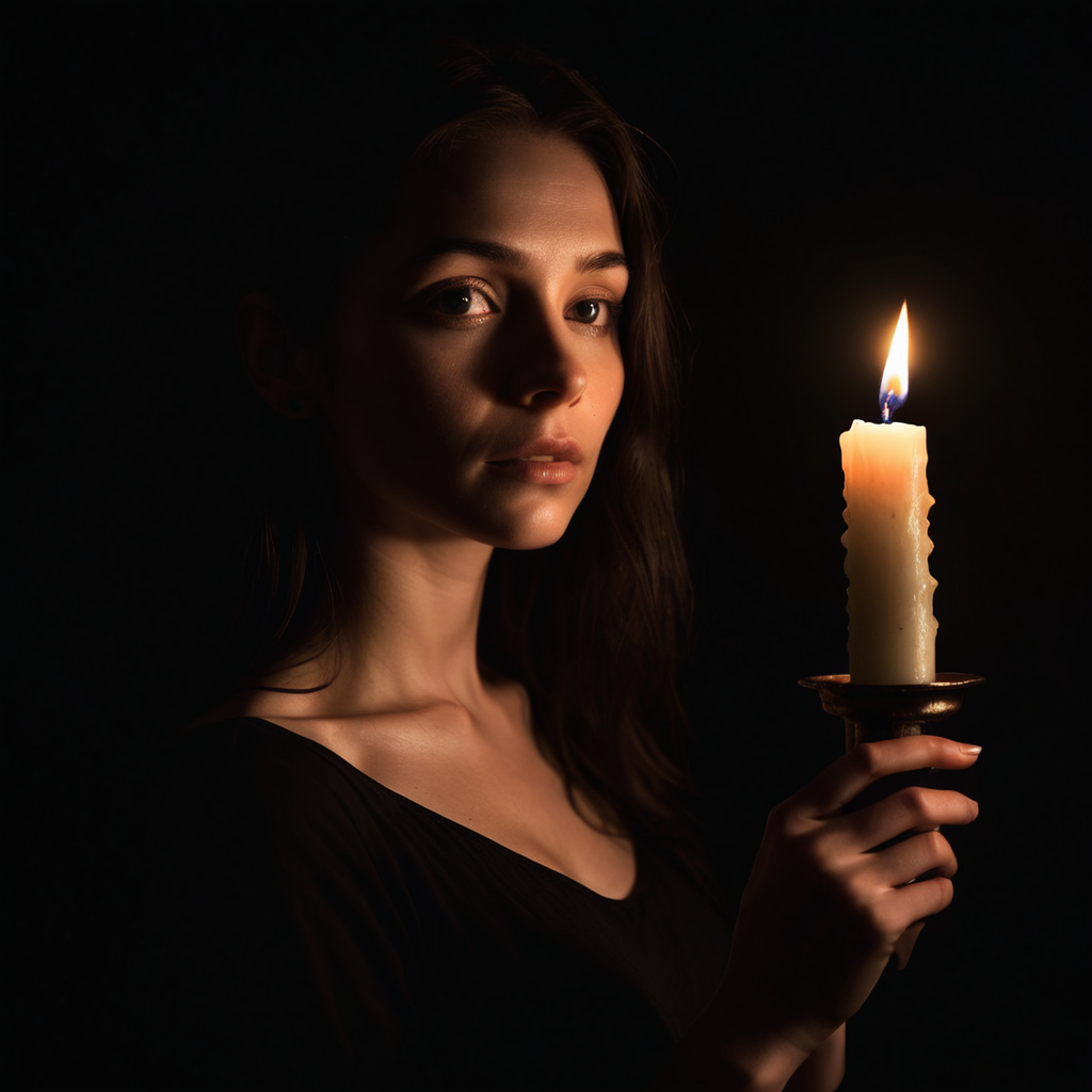 pitch black dark background, woman with a candle