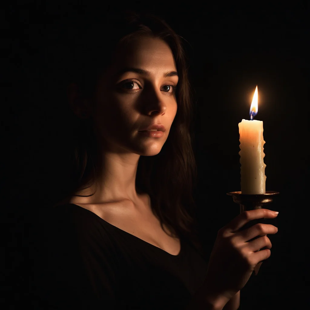 pitch black dark background, woman with a candle
