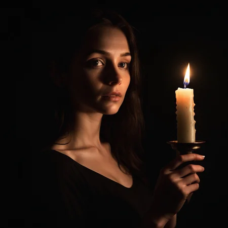 pitch black dark background, woman with a candle