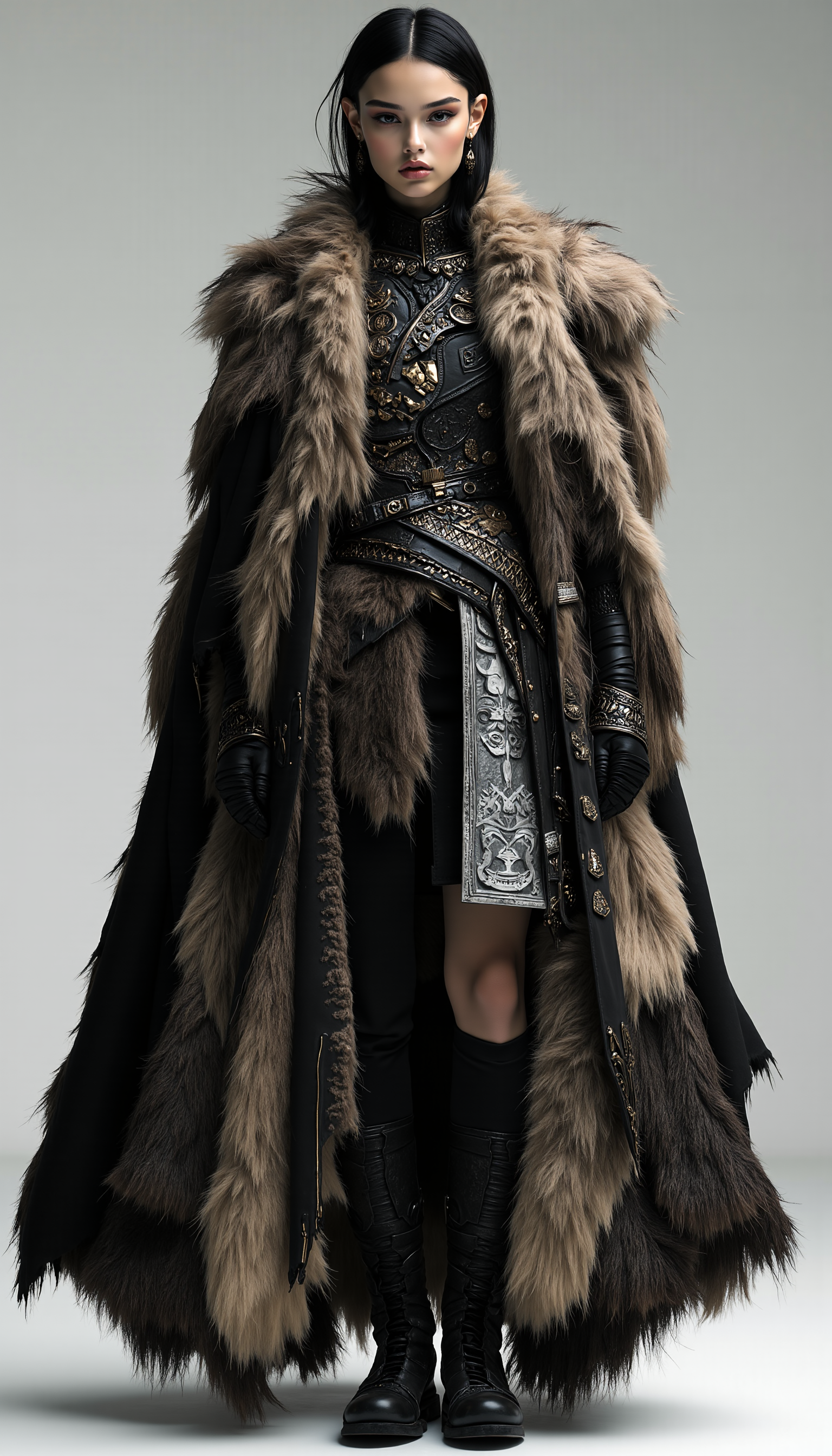 A fashion model dressed in a futuristic interpretation of Viking attire, with a focus on rugged, natural materials like fur and leather, combined with sleek, modern cuts and metallic embellishments. The outfit has a powerful silhouette, with flowing capes and structured armor-like elements that evoke both ancient warrior strength and futuristic design. The modelâs stance is commanding, and the background is kept minimal to highlight the intricate details of the garment, blending the raw power of Viking history with modern fashion aesthetics, midjourney_whisper_avant_couture, <lora:midjourney_whisper_avant_couture_v01:1>,