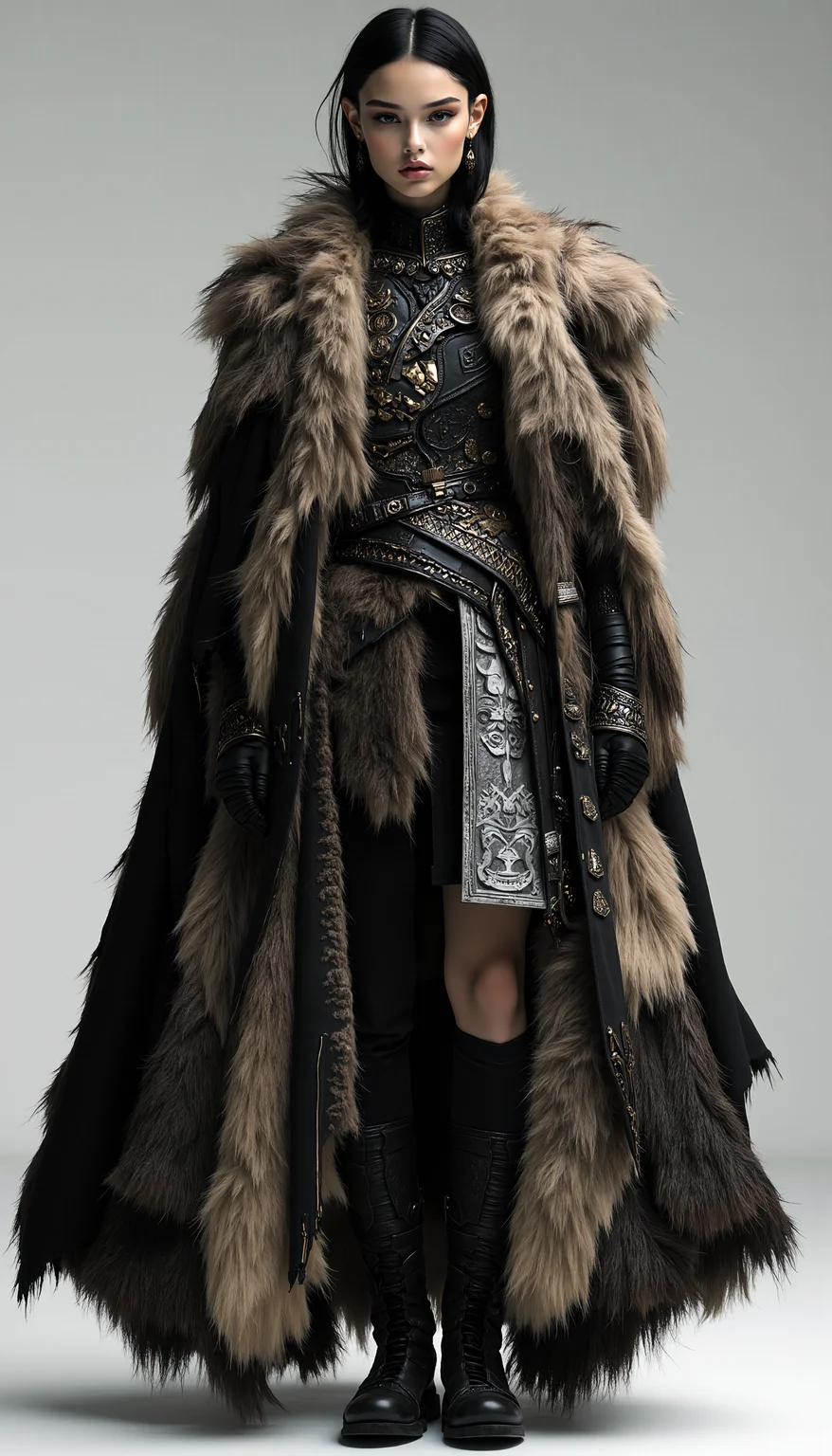 A fashion model dressed in a futuristic interpretation of Viking attire, with a focus on rugged, natural materials like fur and leather, combined with sleek, modern cuts and metallic embellishments. The outfit has a powerful silhouette, with flowing capes and structured armor-like elements that evoke both ancient warrior strength and futuristic design. The modelâs stance is commanding, and the background is kept minimal to highlight the intricate details of the garment, blending the raw power of Viking history with modern fashion aesthetics, midjourney_whisper_avant_couture, <lora:midjourney_whisper_avant_couture_v01:1>,