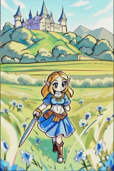 chara-sheet, aftershower, princess zelda, hyrule castle, outdoor, field, blue sky, sunny day