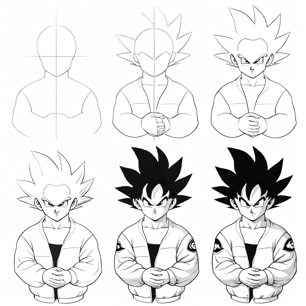 score_9, score_8_up, score_7_up BREAK,  <lora:How_to_draw_step_by_step_2:1> howtodraw, x steps, greyscale, colored final touch,  <lora:attire_dripjacket_ponyXL:1> dripjacket, own hands together, son goku, dragon ball, black hair,