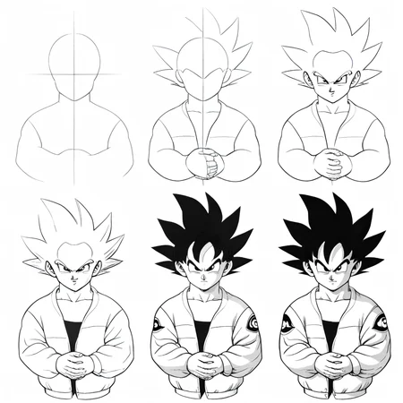 score_9, score_8_up, score_7_up BREAK, <lora:How_to_draw_step_by_step_2:1> howtodraw, x steps, greyscale, colored final touch, <lora:attire_dripjacket_ponyXL:1> dripjacket, own hands together, son goku, dragon ball, black hair,