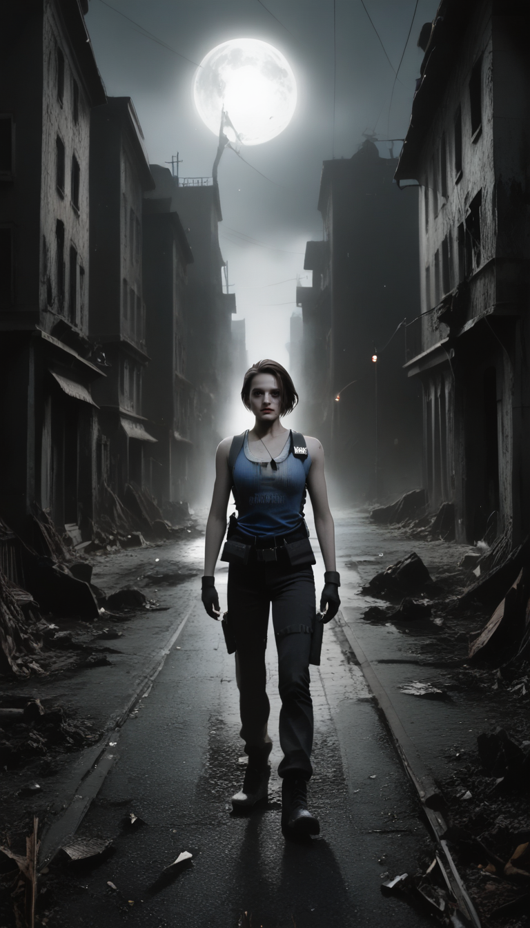 horror \(theme\), threeremake, shooting zombies <lora:Jill_Valentine_Pony-000005:1>
