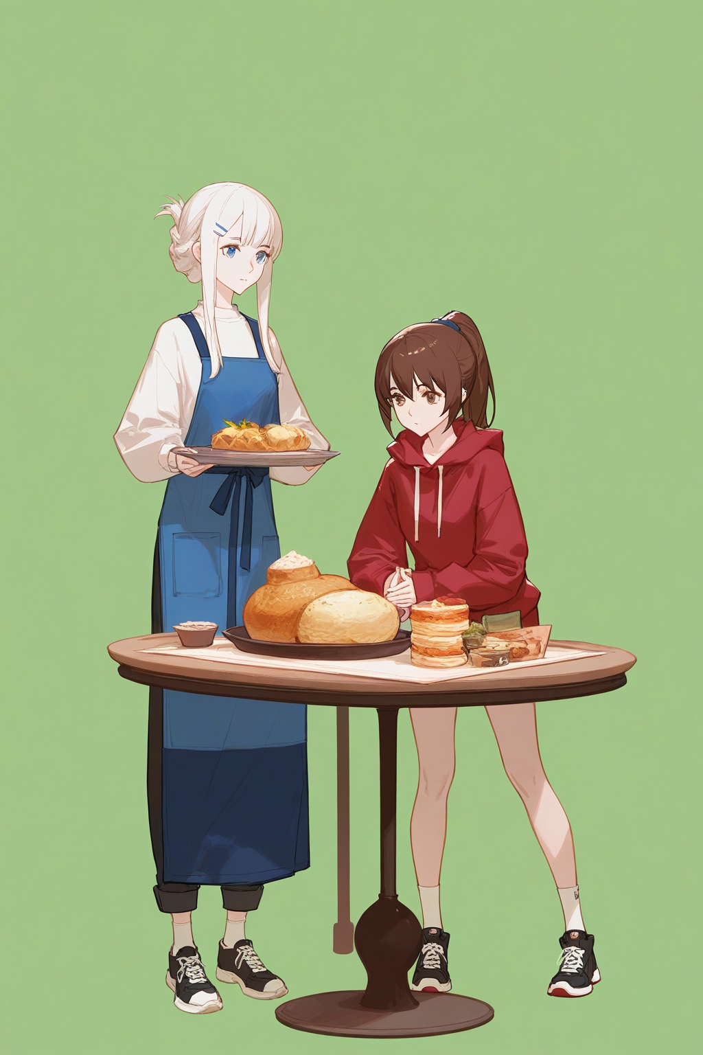 artist:ask_(askzy),artist:yolanda,[artist:WANKE],artist:ciloranko,multicolored,<lora:fenglingyuxiu-000018:0.6>, -fenglingyuxiu,2girls, brown hair, shoes, hoodie, hood, green background, hairclip, hair ornament, pants, ponytail, food, socks, table, apron, brown eyes, blue eyes, standing, hood down, long sleeves, simple background, black footwear, own hands together, red hoodie, tray, sidelocks, sneakers, white hair, blue apron