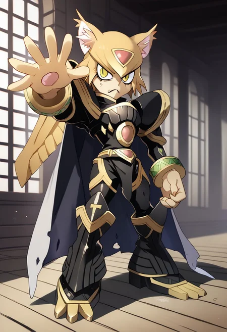 score_9, score_8_up, score_7_up, score_6_up, score_5_up, score_4_up,rating_safe,source_anime,jojo,necoarc,blonde hair, yellow eyes, slit pupils, cat ears, :3, chibi,alphamon,cape,full body,dynamic pose,indoors