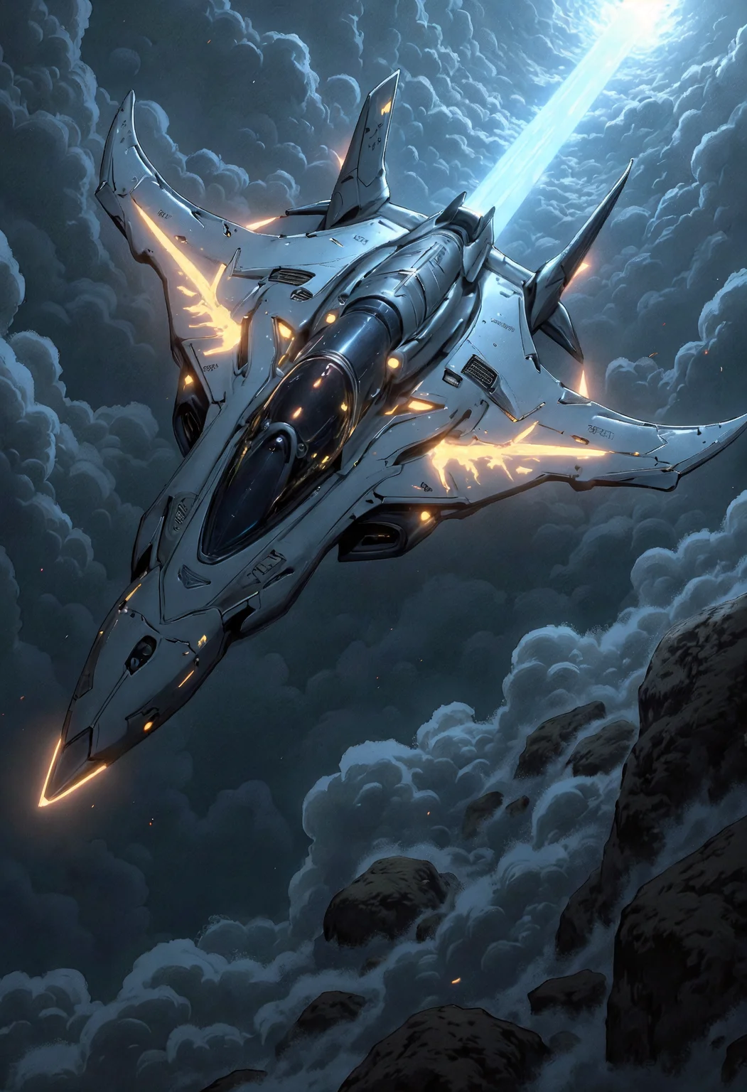 masterpiece, high-quality, A futuristic fighter jet soaring low over a stormy ocean, its sharp aerodynamic design traced with glowing lines, Exaggerated line art enhances its sleek surfaces as faint energy ripples in its wake, aerodynamic design, glowing details, bold line art, dynamic motion, (elaborate fine details:1.1), (hyperdetailed:1.1), (intricate details:1.0), (Refined details:1.1), (best quality:1.1), (high resolution:1.2),,
