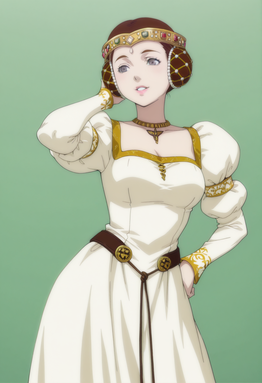 anime screencap, anime coloring,  <lora:DX888Charlotte:1> charlotte, grey eyes, brown hair, lips, double bun, princess, hair ornament,necklace,puffy sleeves, long dress BREAK simple background, green  background, BREAK     1girl, breasts, cowboy shot, hand in own hair, parted lips, smile, solo,  contrapposto, arm up,  hand on own hip,