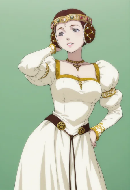 anime screencap, anime coloring,  <lora:DX888Charlotte:1> charlotte, grey eyes, brown hair, lips, double bun, princess, hair ornament,necklace,puffy sleeves, long dress BREAK simple background, green  background, BREAK     1girl, breasts, cowboy shot, hand in own hair, parted lips, smile, solo,  contrapposto, arm up,  hand on own hip,