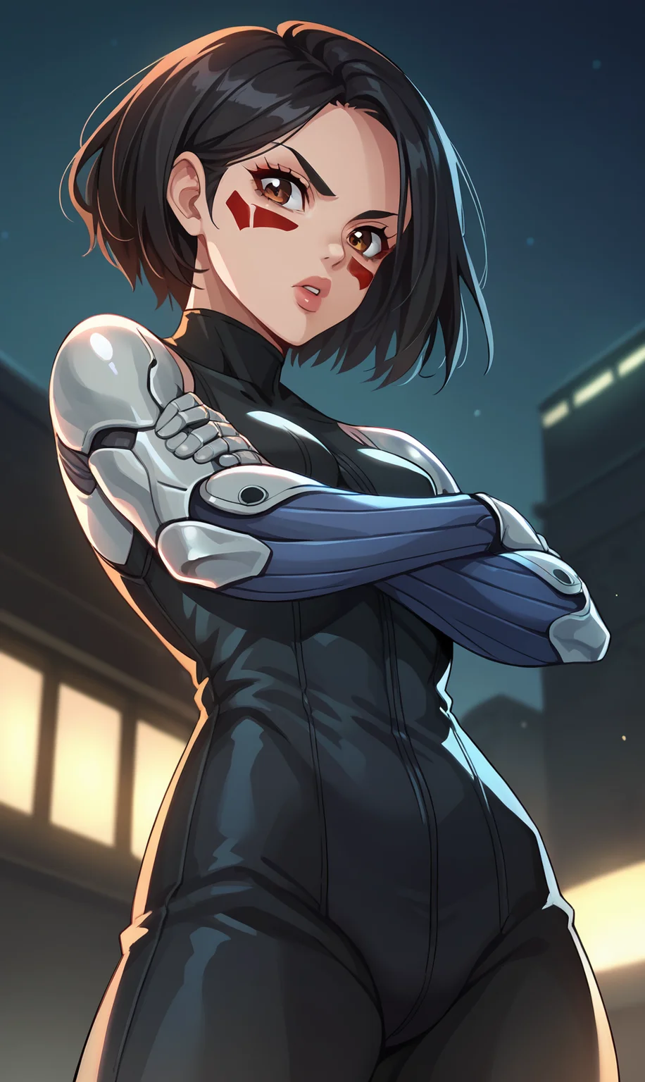 score_9, score_8_up, score_7_up, 1girl, source_anime, anime style, screencap, <lora:Gally:1> gallyxl, short hair, black hair, brown eyes, lips, facepaint, facial mark, bodysuit, pants, mechanical arms, robot skin, bare shoulders, android, cyberpunk, science fiction, parted lips, from below, crossed arms, serious, night, outdoors, neon trim,