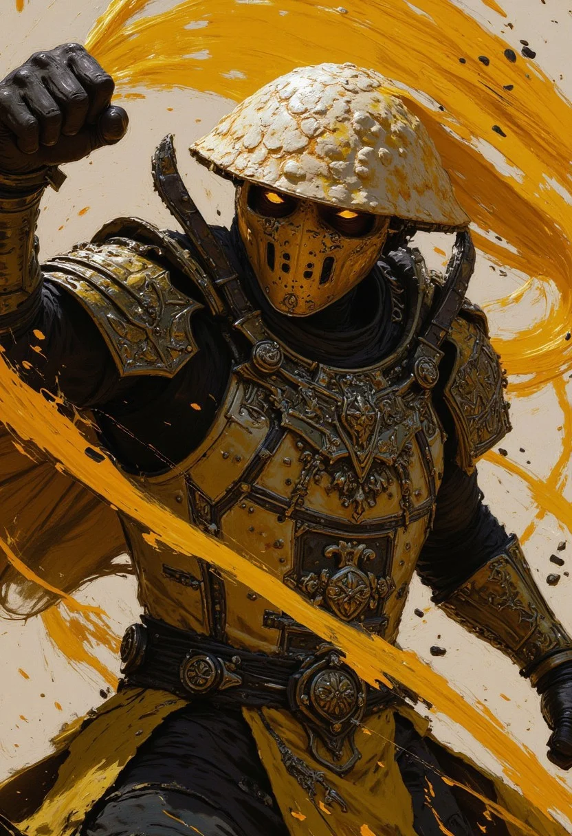 DB4RZ style paintingHand Up stance, Fight stance, Action Pose, action scene, floating particles, high Budget Anime sequence, S1n0z1ck style, extremem Closeup of an retro art Ninja, flat color two toned in bleaked yellow and Grey, resembling a mushroom syberian masked intricate designed haitian Warrior in Relief high collar metal armor, cinematic lighting, insane details, hyperrealistic extreme closeup macro photography, 64 megapixel DSLR