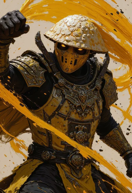DB4RZ style paintingHand Up stance, Fight stance, Action Pose, action scene, floating particles, high Budget Anime sequence, S1n0z1ck style, extremem Closeup of an retro art Ninja, flat color two toned in bleaked yellow and Grey, resembling a mushroom syberian masked intricate designed haitian Warrior in Relief high collar metal armor, cinematic lighting, insane details, hyperrealistic extreme closeup macro photography, 64 megapixel DSLR