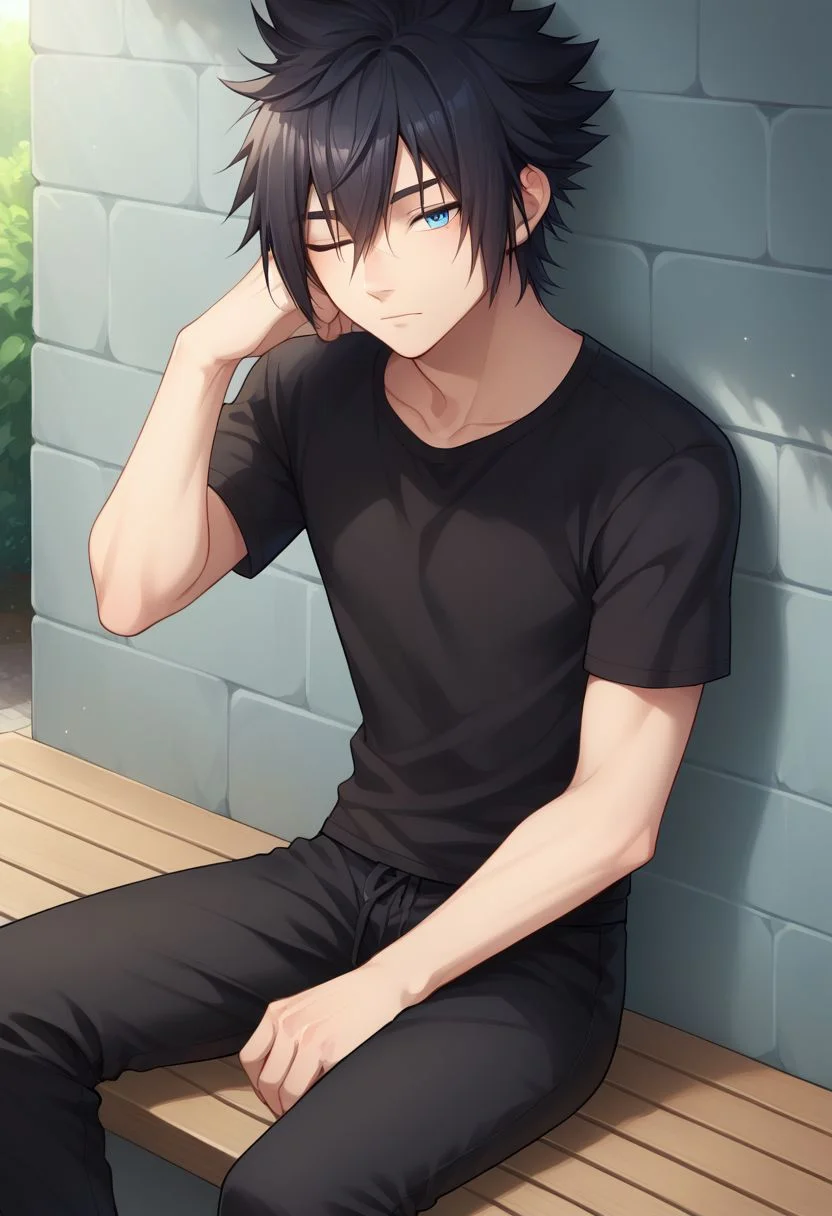 score_9, score_8_up, source_anime, highly detailed, 1boy, solo, male_focus,
noctis, 1boy, male focus, solo, blue eyes, shirt, black hair, spiked hair, looking at viewer, sitting,
hair between eyes, pants, short sleeves, black pants, eyes closed, sleeping,
outdoor,