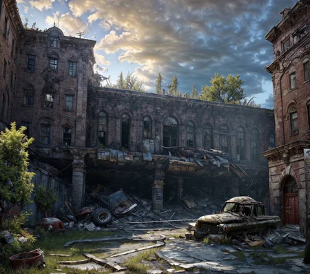 RAW photo, (masterpiece:1.3), subsurface scattering, heavy shadow, (high quality:1.4), (intricate, high detail:1.2), professional photography, HDR, High Dynamic Range, realistic, ultra realistic, photorealistic, high resolution, film photography, ambient lighting, atmospheric effects, <lora:detail_slider_v4:2>, OverallDetail, <lora:Wasteland-10:1>, style-rustmagic, blue sky, building, cloud, cloudy sky, curtains, day, grass, ground vehicle, letterboxed, military vehicle, motor vehicle, no humans, outdoors, power lines, road, ruins, scenery, tree, wasteland