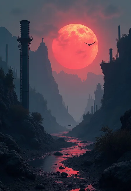 On the alien planet, horror atmosphere, alien planet landscape, scary creatures silhouettes in a darkness, bunch of pipes and vines around, very detailed landscape