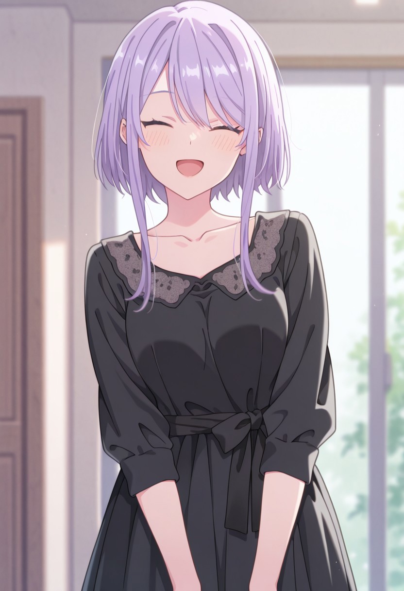 masterpiece, best quality, 32k, high resolution, absurdres, amasawa kyou, open mouth, collarbone, closed eyes, looking at viewer, black dress, dress, blurry background, indoors, day, :d
