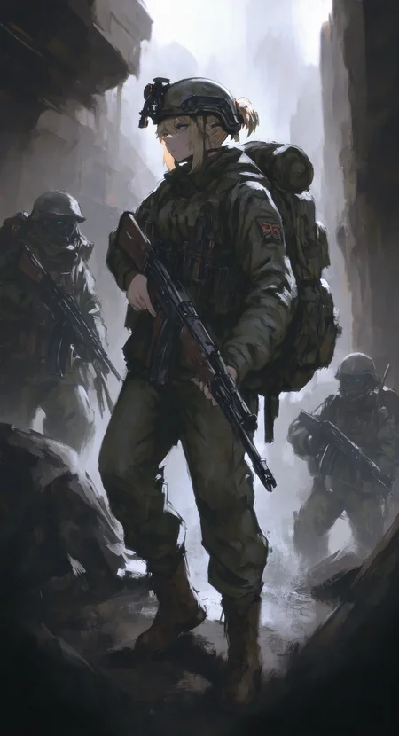 masterpiece, best quality, good quality, very awa, very aesthetic, absurdres, newest,1girl, backpack, bag, battle rifle, blonde hair, blue eyes, boots, brown footwear, combat helmet, fallschirmhelm, fallschirmjaeger, fg42, green jacket, green pants, gun, hair between eyes, helmet, holding, holding gun, holding weapon, jacket, knife, long sleeves, pants, paratrooper, rifle, short ponytail, sidelocks, solo, weapon, <lora:spo_sdxl_10ep_4k-data_lora_webui:0.6> <lora:ponyv5_noobV065S_1_adamW-000013:0.7> <lora:USNR_STYLE_XL_lokr:0.45> <lora:EtherSDXL:0.15> <lora:shiej007:0.75>