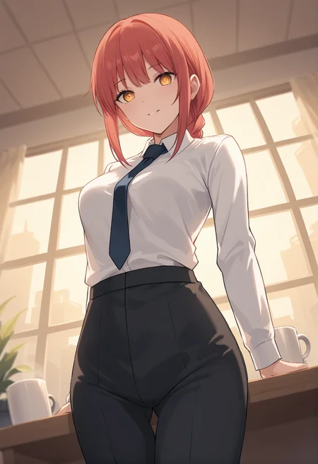 score_9, score_8_up, score_7_up, source_anime, masterpiece, best quality, highly detailed background, cinematic lighting, detailed eyes, detailed pupils, perfect face,
makima, unique outfit, ringed eyes, cute, soft smile, dutch tilt, standing, leaning on desk, leaning back, low angle,
office, warm lighting, sunset, desk, mug,
<lora:Makima_Pony:0.8>