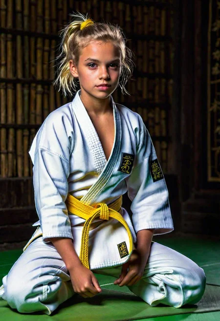 (((jp-j3d-2250))), Oil Painting. (Side) shot of (short, stocky girl). (pretty girl), kneeling alone on floor in small dark private dojo with pale green standard-size judo mats, weapons hung on dark bamboo wall, Japanese decor, playful and ferocious look, twinkling eyes, fair skin, ((extremely sweaty skin)), Very short wavy vanilla-blonde side-swept bob-cut hair with undercut and pigtails. ((dimples)). clavicles. upturned small chest. torpedo breasts, Navel. Disheveled. High-quality ((moderately-open white judo top)). wearing long white Judo pants. ((yellow  judo belt)), Hands on thighs. ((One breast exposed)). small dark nipples. ((sneakers)), Dimly lit from one side. Very Dark background. Backlight glow. 80mm f/6, (((1/250s))), ISO 25, golden hour light,