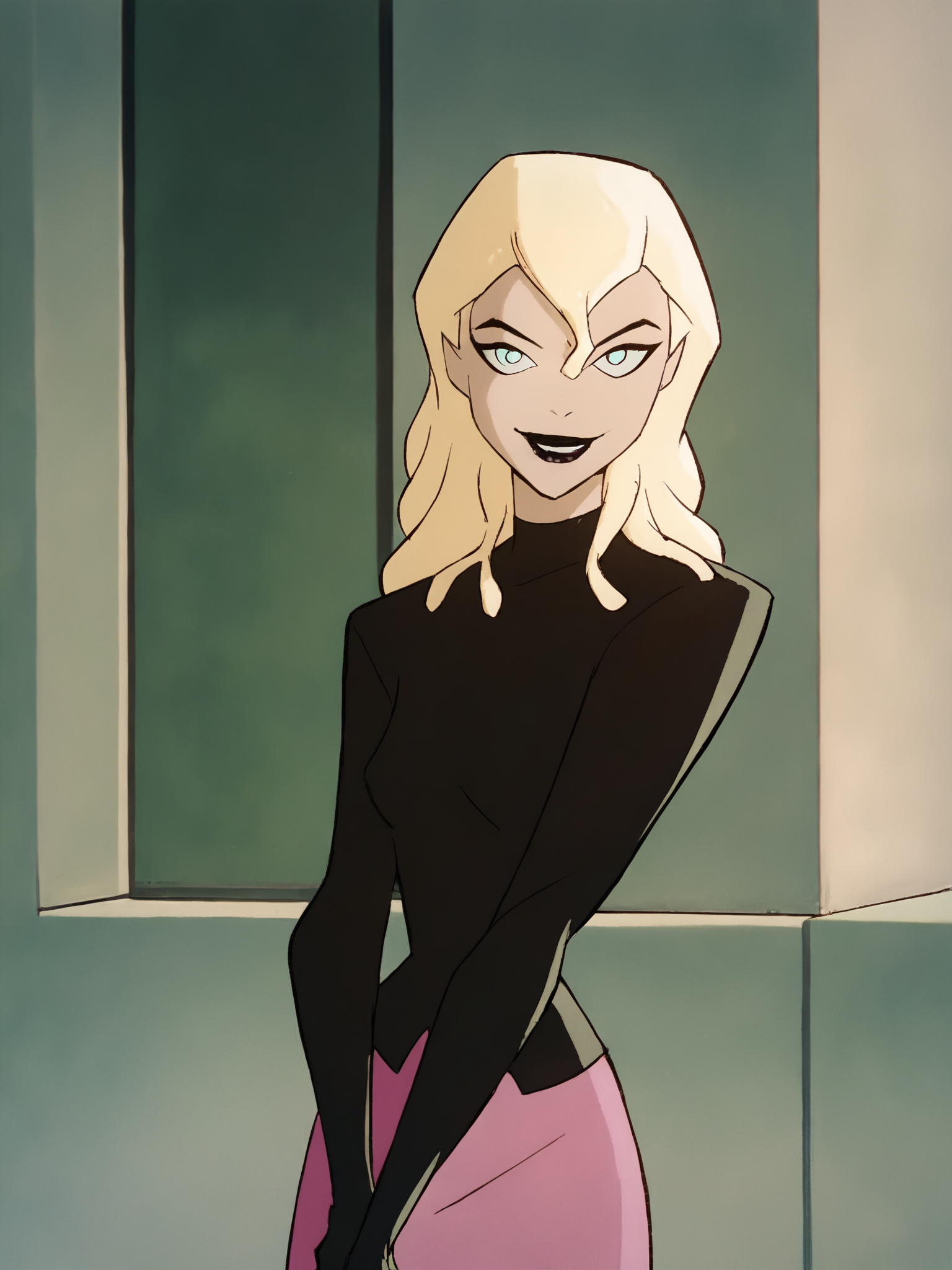 <lora:MelanieWalkerPony1.0:1> melaniew, blonde hair, 1girl, solo, long hair, black lipstick, pink skirt, black shirt, long sleeves,pink skirt,black boots,  upper body,looking at viewer, smile,  score_9, score_8_up, score_7_up, score_6_up, score_5_up, score_4_up