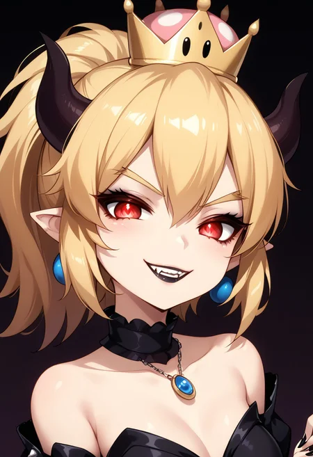score_9, score_8_up, score_7_up, score_6_up, (haaru),concept art, digital artwork, highly detailed, sharp focus, portrait, bowsette jr, blonde hair, ponytail, medium hair, sidelocks, horns, crown, white scarf, <lora:princess_xl_v2:0.3>, <lora:VampirePonyLora:0.9> vampire, red eyes, glowing eyes, fangs, pointy ears, <lora:Gothic:1>, GothicC, makeup, black lipstick, mascara, black nails, gothic dress, black dress, red dress, covered shoulders, fishnet, half closed eyes, smug, evil smile, dark background