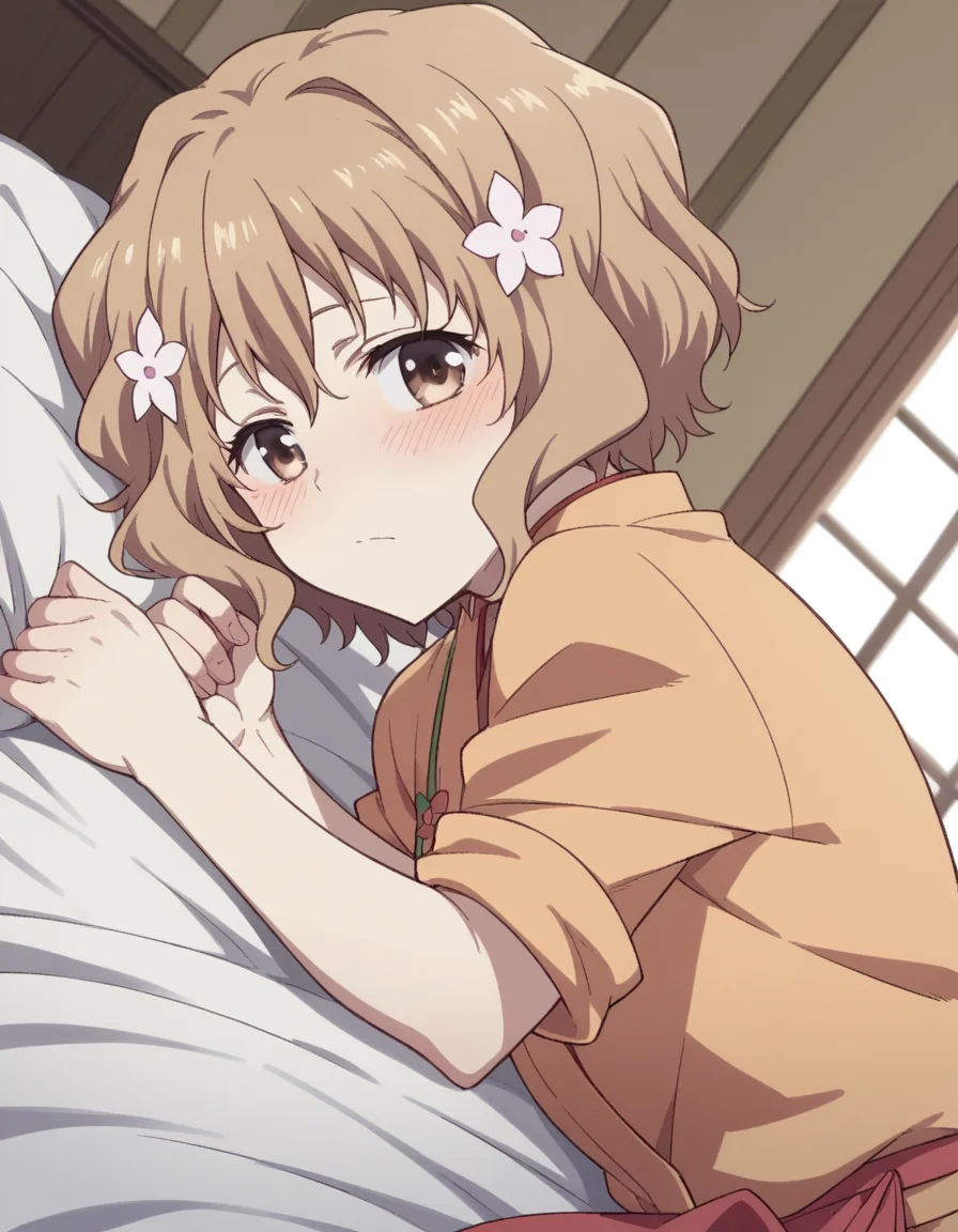 score_9, score_8_up, score_7_up, source_anime,
ohanamatsumae, <lora:ohana-matsumae-s1-ponyxl-lora-nochekaiser:1>,
ohana matsumae, short hair, brown hair, hair ornament, brown eyes, flower, hair flower,
japanese clothes, kimono, apron, sleeves rolled up,
indoors, bed, bed room, on side, blush, drunk,
looking at viewer, cowboy shot, solo, dutch angle,