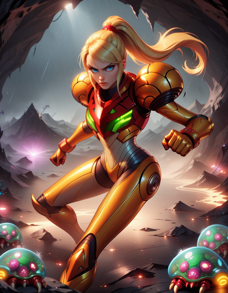 score_9, score_8_up, score_7_up,score_6_up, score_5_up, score_4_up ,1girl, solo, 
SamusDGarmor,
powersuit,   glowing,
blonde hair, long hair, blue eyes, ponytail, 
 science fiction, rain, metroid \(creature\), galaxy, cave, night, dim lighting, 
clenched hands, 
eyes,
fog, 
fighting stance, battle, damaged, 
 <lora:Samus DALL E 3  PonyXL-000003:1>