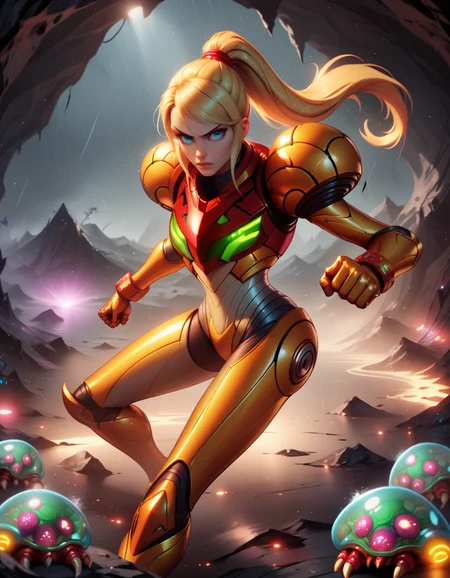 score_9, score_8_up, score_7_up,score_6_up, score_5_up, score_4_up ,1girl, solo, 
SamusDGarmor,
powersuit,   glowing,
blonde hair, long hair, blue eyes, ponytail, 
 science fiction, rain, metroid \(creature\), galaxy, cave, night, dim lighting, 
clenched hands, 
eyes,
fog, 
fighting stance, battle, damaged, 
 <lora:Samus DALL E 3  PonyXL-000003:1>