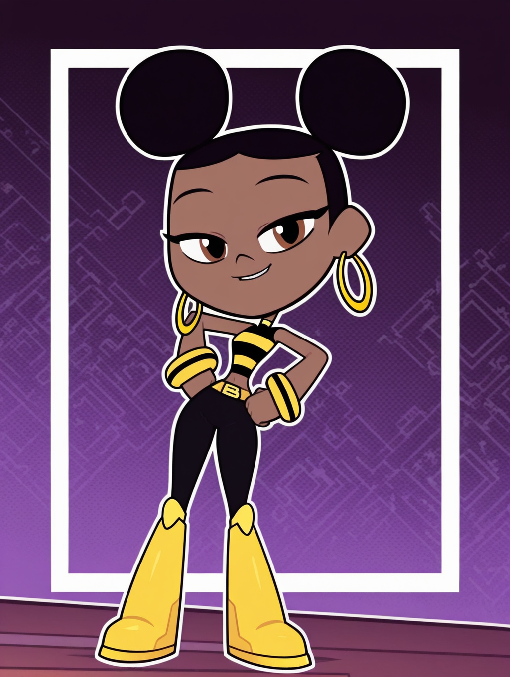 bumblebee, 1girl, solo, full body, dark brown skin, black hair, double buns hair, afro puffs, golden hoop earrings, turtleneck crop-top, black and yellow top, golden arm bands, golden belt, long pants, black leggings, yellow boots, (smile, dutch angle, Hands on hips,naughty pose, looking at viewer, solo, dynamic pose, full_body, head tilt,),(( dynamic halftone dot background, stylized background, White frame, Square frame, white outline))