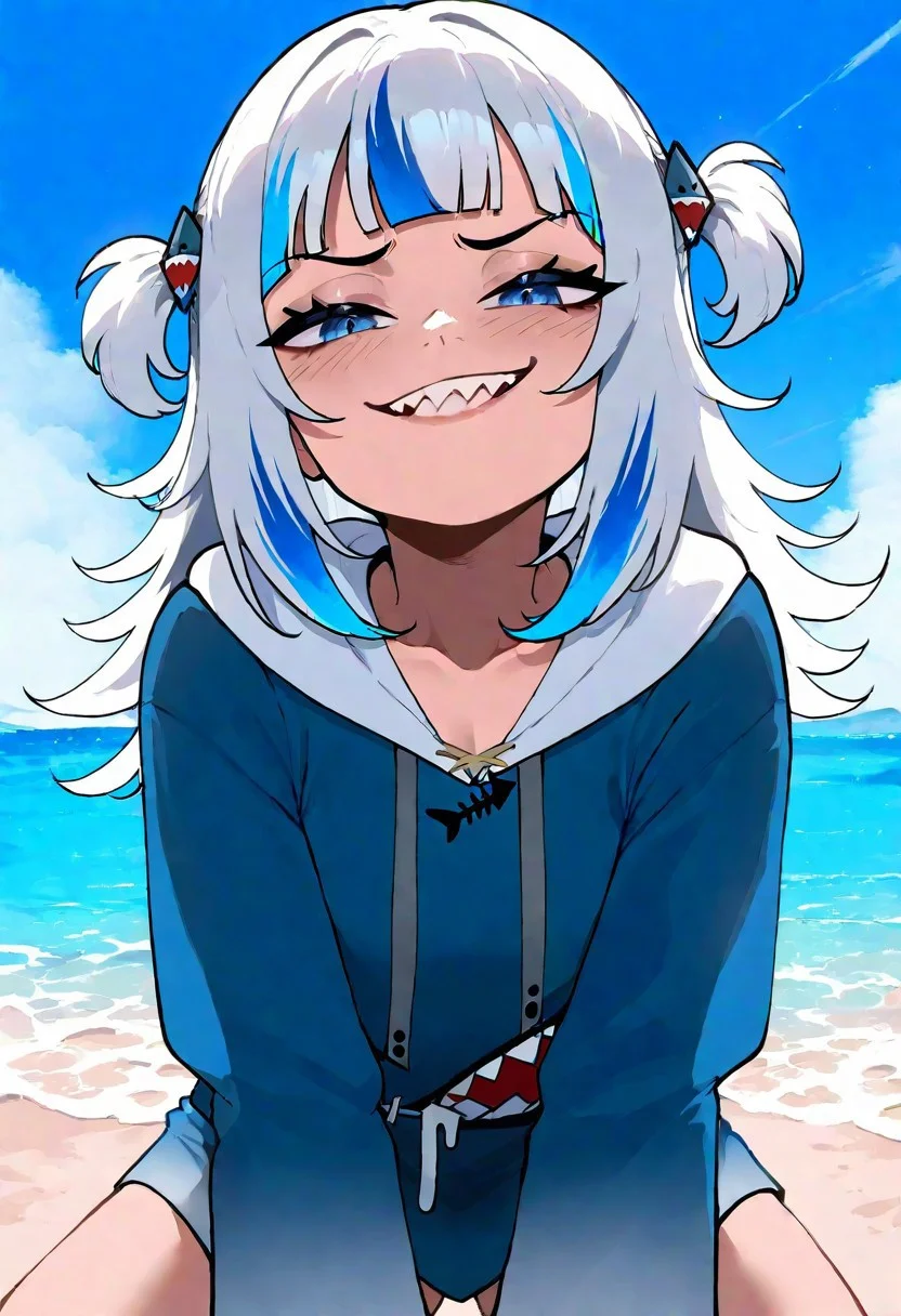 highres, safe, 1girl, gawr gura, two side up, cute, blue eyes, hoodie, small body, cleavage, flat chest, anime, tropical beach, masterpiece, best quality, newest, absurdres, nyantcha art, detailed, solo, smug, sea, on fours, sharp teeth,