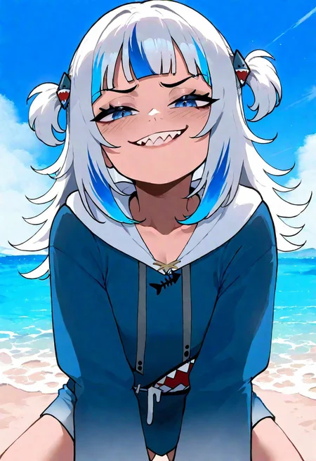 highres, safe, 1girl, gawr gura, two side up, cute, blue eyes, hoodie, small body, cleavage, flat chest, anime, tropical beach, masterpiece, best quality, newest, absurdres, nyantcha art, detailed, solo, smug, sea, on fours, sharp teeth,