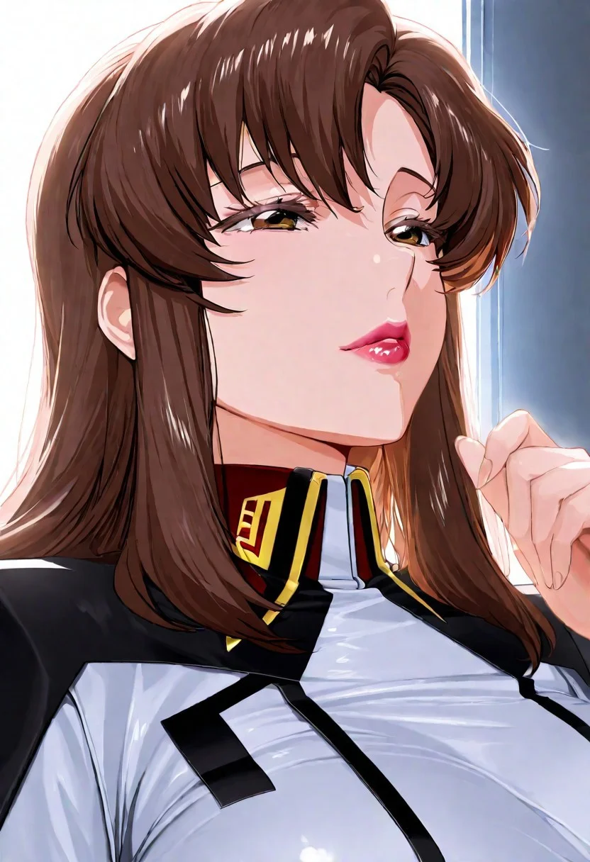 1girl, Murrue Ramius \(Gundam SEED\),, adult woman, masterpiece, military uniform, hand up, brown hair, long hair, luscious lips, lipstick, large breasts, portrait, colored eyelashes, backlighting, brown eyes, goddess, glossy skin, ,hires,best quality, very aesthetic,absurdres,score_9, score_8_up, score_7_up, score_6_up, score_5_up, score_4_up, (hyper extreme detailed), (hyper quality), game CG, (colour:1.2),(from side:0.7)