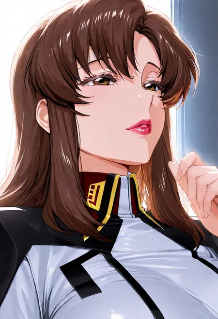 1girl, Murrue Ramius \(Gundam SEED\),, adult woman, masterpiece, military uniform, hand up, brown hair, long hair, luscious lips, lipstick, large breasts, portrait, colored eyelashes, backlighting, brown eyes, goddess, glossy skin, ,hires,best quality, very aesthetic,absurdres,score_9, score_8_up, score_7_up, score_6_up, score_5_up, score_4_up, (hyper extreme detailed), (hyper quality), game CG, (colour:1.2),(from side:0.7)
