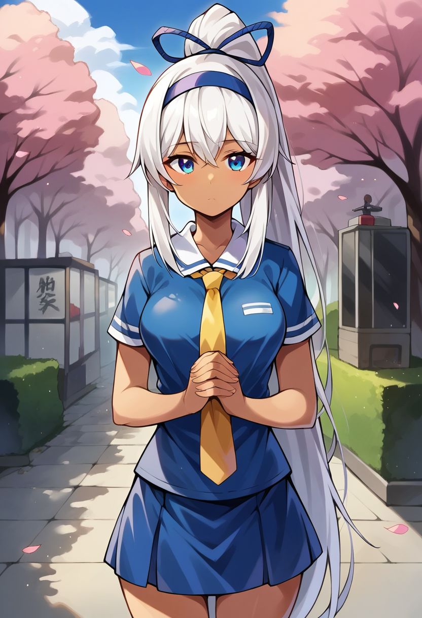 啎䥃佄䔀 1girl, dark skin, white hair, long hair, high ponytail, hairband, hair ribbon, blue eyes, blue shirt, medium breasts, short sleeves, blue skirt, yellow necktie, standing, outdoors, street, cherry blossom, v-arms, cowboy shot, looking at viewer, expressionless, hands together, <lora:Mina_SS_XL:0.8>, score_9, score_8_up, score_7_up, score_6_up, score_5_up, score_4_up,  BREAK source_anime, masterpiece