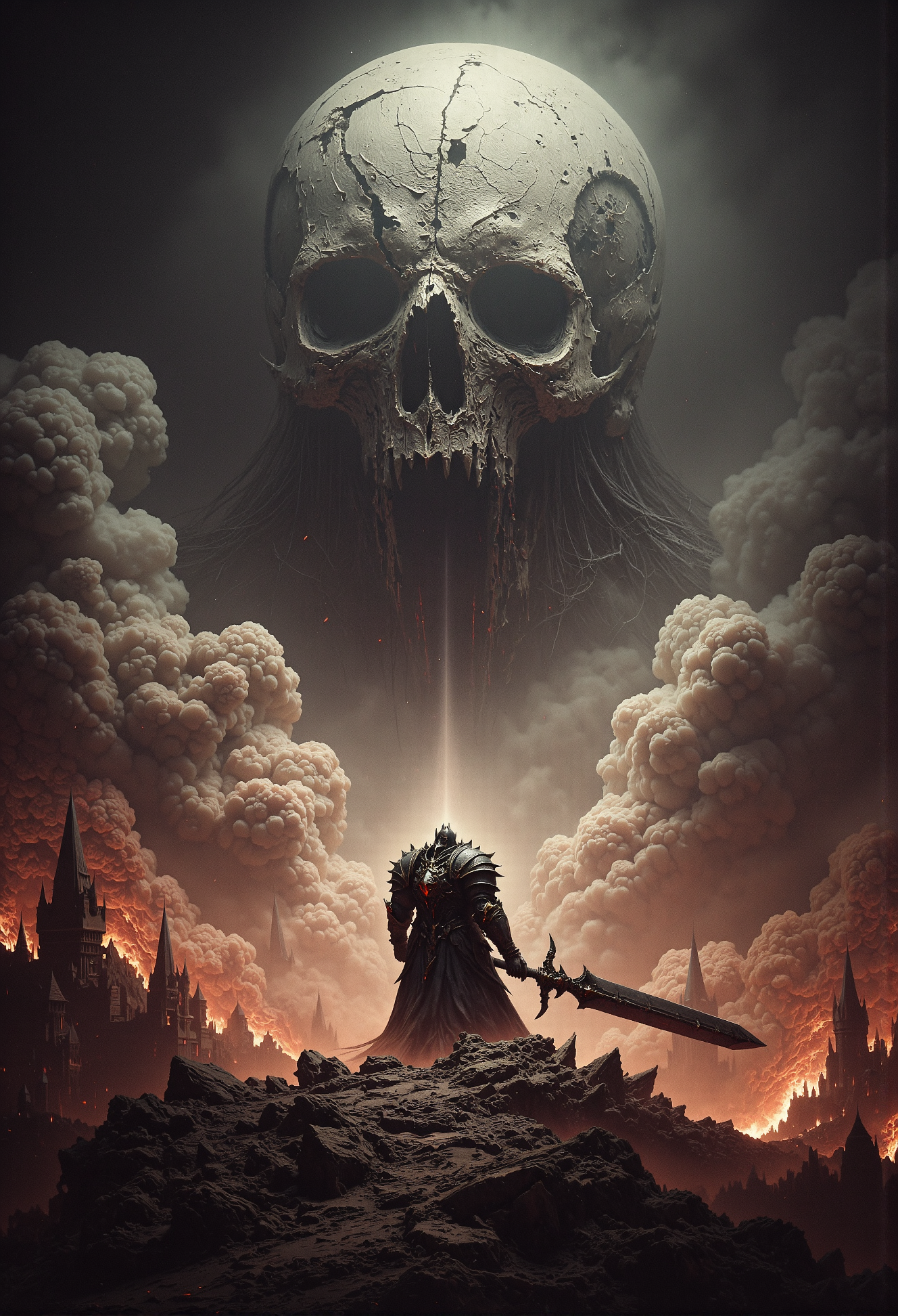 analog film photo .Frank Frazetta fantasy oil painting. (art by Zdzislaw Beksinski:2), a hero with giant sword is facing the ultimate evil enemy, burning city. grimdark, mythp0rt, FredFraiStyle, aiai-Glimra <lora:- Flux1 - vanta_black_V1.0.safetensors:0.5>,  <lora:Dever_Flux_Enhancer.safetensors:0.33>,  <lora:FredFraiStyle-FLUX-Share.safetensors:1.0>,  <lora:FluxDFaeTasticDetails.safetensors:0.1>,  . faded film, desaturated, 35mm photo, grainy, vignette, vintage, Kodachrome, Lomography, stained, highly detailed, found footage