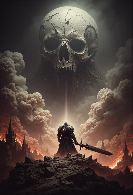 analog film photo .Frank Frazetta fantasy oil painting. (art by Zdzislaw Beksinski:2), a hero with giant sword is facing the ultimate evil enemy, burning city. grimdark, mythp0rt, FredFraiStyle, aiai-Glimra <lora:- Flux1 - vanta_black_V1.0.safetensors:0.5>, <lora:Dever_Flux_Enhancer.safetensors:0.33>, <lora:FredFraiStyle-FLUX-Share.safetensors:1.0>, <lora:FluxDFaeTasticDetails.safetensors:0.1>, . faded film, desaturated, 35mm photo, grainy, vignette, vintage, Kodachrome, Lomography, stained, highly detailed, found footage