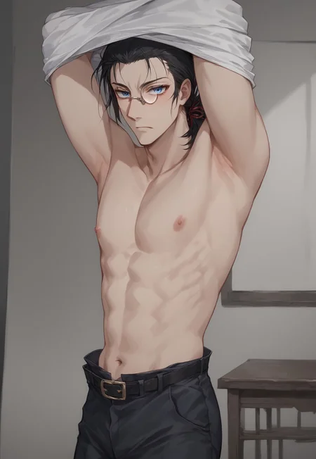safe_pos, score_9, score_8_up, score_7_up, masterpiece, best quality, Expressiveh, 1boy, solo, looking at viewer, suprised, (side view:0.6), wide eyed, arms up, shirt over head, (shirtup), undressing, naked chest, shocked, angry, annoyed,
BREAK DarkWalter, blue eyes, black hair, back slicked ponytail, monocle, monocle over left eye, red hair ribbon, thin body,
BREAK bedroom, standing in front of wardrobe, wide shot