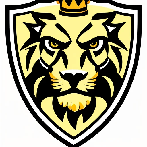 intricate, highly detailed (logo-with-face-on-shield:1), shield logo, ((((sports logo)))), ((blue and gold)) lion, lion roaring, lion with crown, thick black outlines, vivid colors