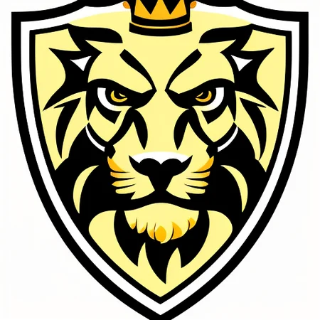 intricate, highly detailed (logo-with-face-on-shield:1), shield logo, ((((sports logo)))), ((blue and gold)) lion, lion roaring, lion with crown, thick black outlines, vivid colors