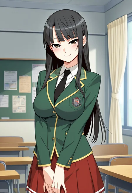 score_9,score_8_up,score_7_up,source_anime,5_figner,2d_animation,game cg,BREAK,1girl,solo,
Aiura Ichika,
black hair,long hair,blunt bangs, side hair,
large breasts,
long sleeves,school uniform, green jacket, white shirt, black necktie, red skirt, blazer, blazer yellow line,
cowboy shot,smile,blush,
school,classroom,window,indoor,curtain,bulletin board,
front view,looking at viewer,standing,
masterpiece,best qualit,ultra-detailed,illustration,an extremely delicate and beautiful,beautiful detailed eyes,unity 8k wallpaper,high resolution,anime CG,official_art,