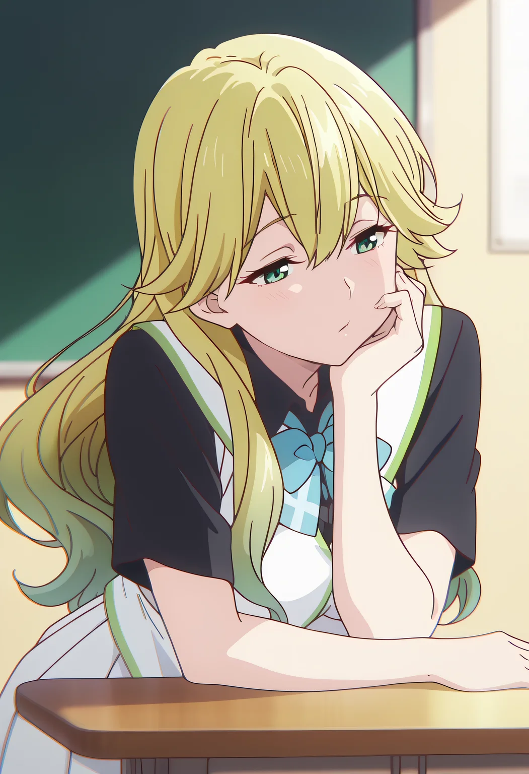 masterpiece, best quality, amazing quality, very aesthetic, absurdres,
1girl, solo, Beach Angels B, long hair, green eyes, multicolored hair, gradient hair, blonde hair, green hair,
school uniform, black shirt, white vest, short sleeves, blue bowtie, white skirt, pleated skirt, frilled skirt,
Sit, Sleep on table, At lecture room,
one hand on cheeks, head leaning on hand,
anime coloring,
kyoto animation,