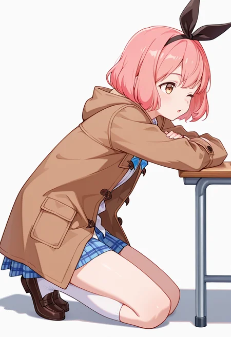 masterpiece,high quality details,absurdres, 
 <lora:Koshiba_Mai:0.8>
mar_cnr, 1girl, pink hair, short hair, bangs, brown eyes,black hairband,
mai_s2, plaid skirt, pleated skirt, blue skirt, white shirt,brown coat, bowtie, white kneehighs, loafers,, simple background, white background, from side,solo,, ;o,