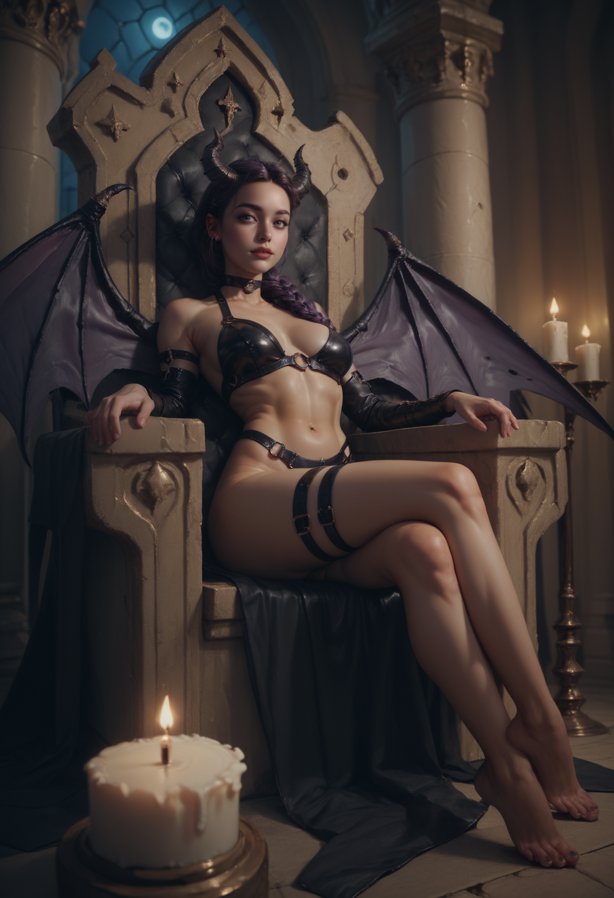 score_9, score_8_up, score_7_up, score_7, score_6_up, score_5_up, (a woman wearing reij-scccn <lora:succucini:1>), wings, horns, leather, sitting on a throne, medival, dimmed candle light, night, dark
